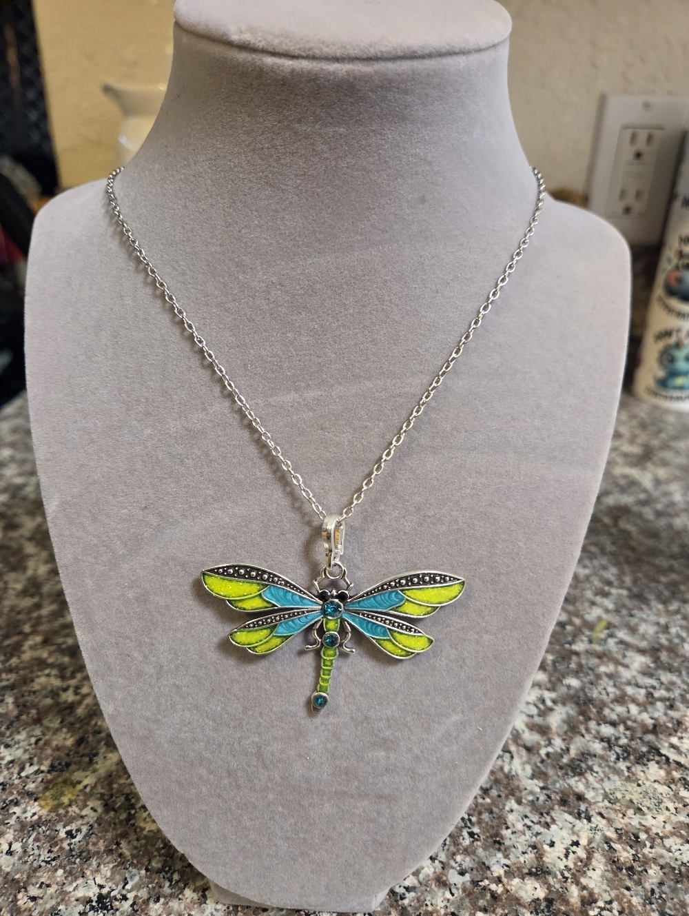 Silver Dragonfly Pendant Necklace in Blue-Green - Picture 3 of 3